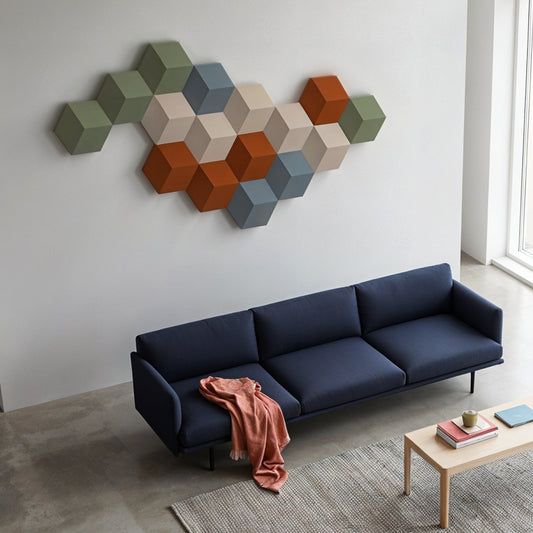 Bang & Olufsen BeoSound Shape speaker with Burnt Clay cover by Tegrino Studio in a design-focused living room, emphasizing warm terracotta, earthy and grounded