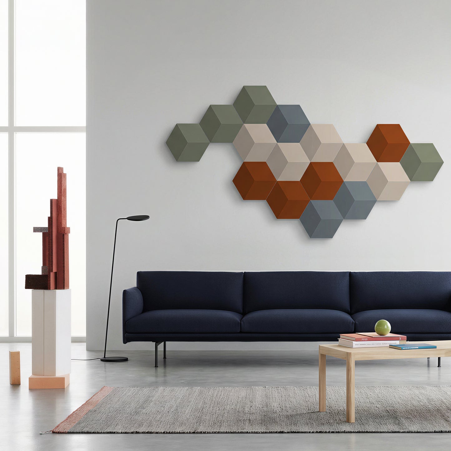 Bang & Olufsen BeoSound Shape speaker with Slate Grey cover by Tegrino Studio in a minimalist home environment, highlighting cool, balanced grey with just enough depth to catch the light on each side of the hexagon. The kind of neutral that holds a wall together