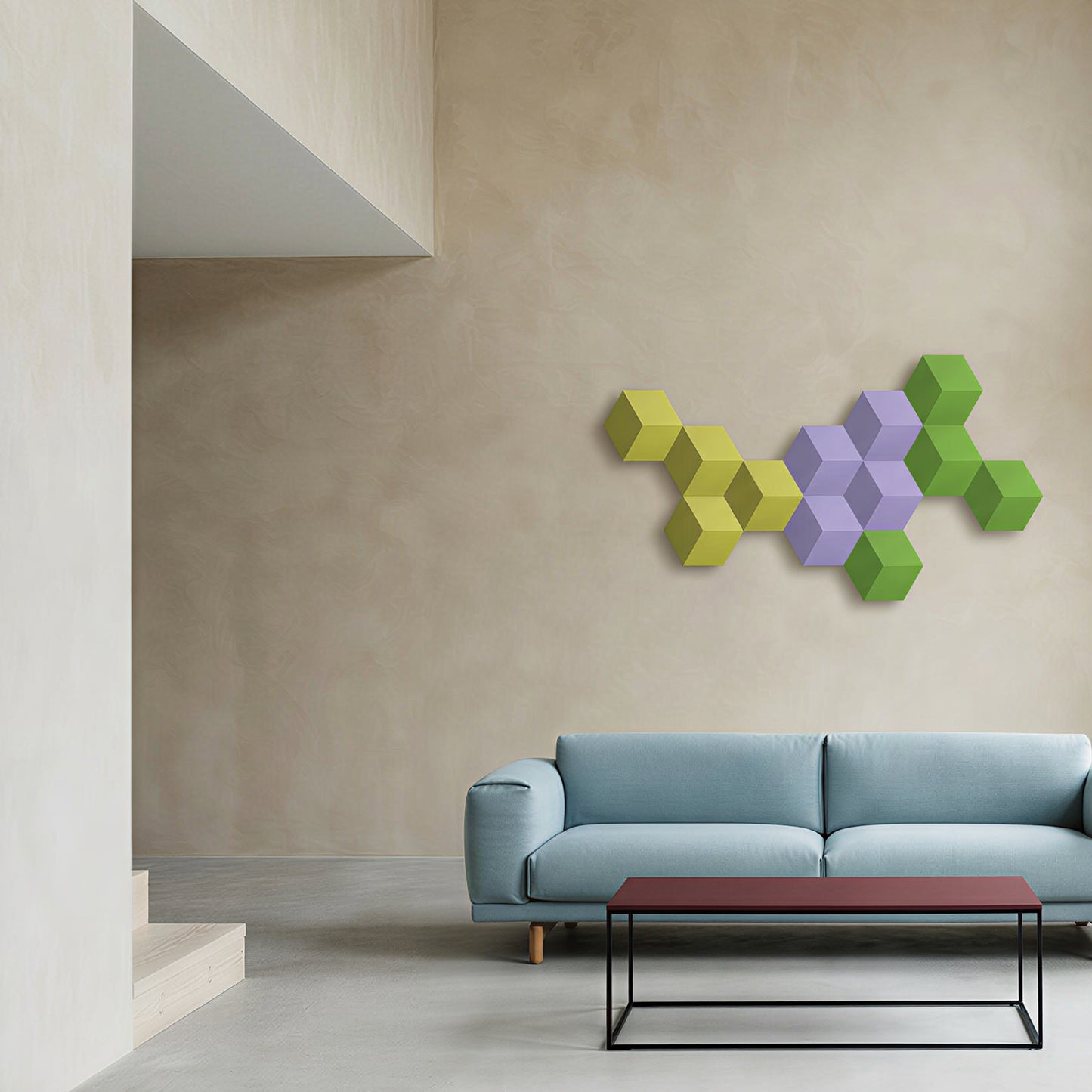 Bang & Olufsen BeoSound Shape speaker with BeoSound Shape Cover -Soft Lime cover by Tegrino Studio in a curated home space, capturing yellow-green, fresh and alert