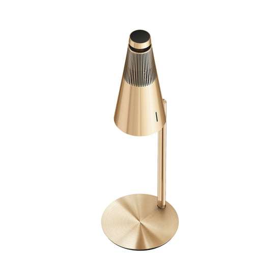 Bang & Olufsen BeoSound 2 floor stand Goldtone by Tegrino Studio featuring warm gold tone aluminium pole with finer-brushed deco plate