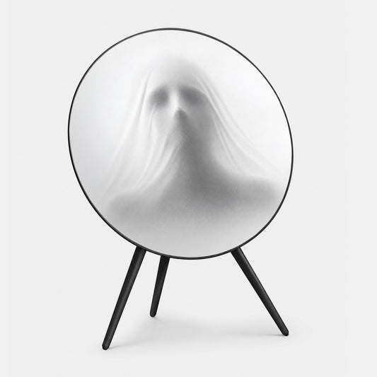 Bang & Olufsen Beoplay A9 speaker cover Phantom by Tegrino Studio, the outline of a ghost pressed through white fabric, printed on acoustically transparent fabric