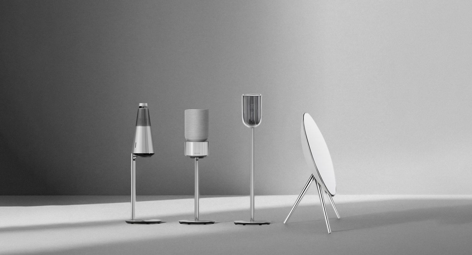 Bang & Olufsen speaker stand collection by Tegrino Studio featuring BeoSound Balance, BeoSound 2, BeoLab 8 and BeoPlay A9 in monochrome studio shot
