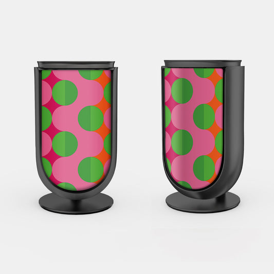 Bang & Olufsen BeoLab 8 speaker cover Summer Beat by Tegrino Studio featuring green circles in ordered rows over waves of pink, printed on acoustically transparent fabric