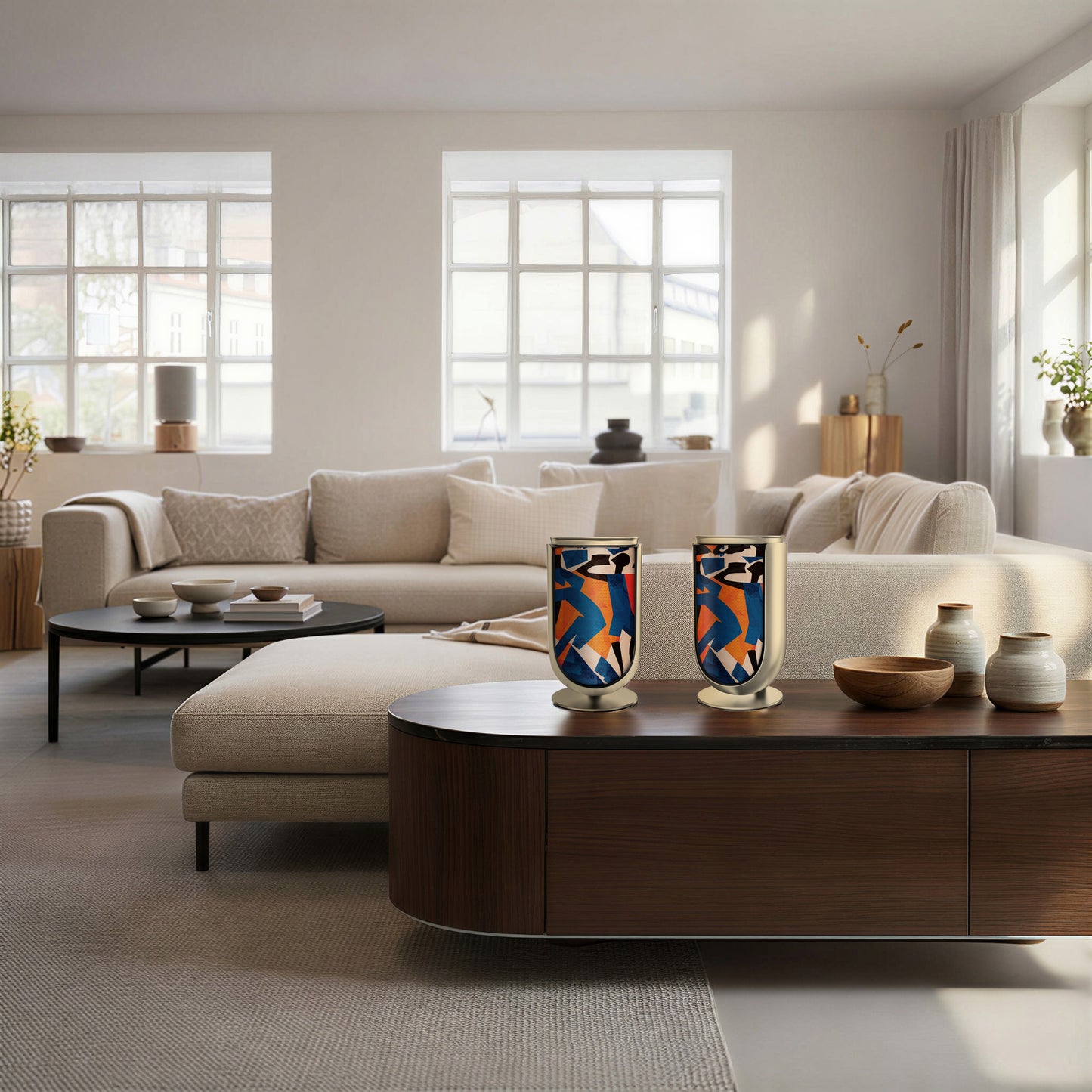 Bang & Olufsen BeoLab 8 speaker covers Verve by Tegrino Studio in a Scandinavian-inspired environment, presenting bold figurative silhouettes in vivid blue, orange and red on stereo pair atop dark walnut sideboard in bright minimal living room with cream sofa and natural light