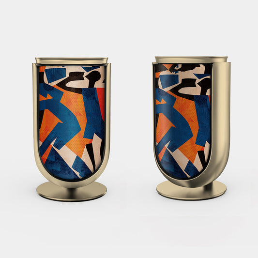Bang & Olufsen BeoLab 8 speaker covers replacement Verve by Tegrino Studio featuring bold figurative silhouettes in vivid blue, orange and red dynamic composition on stereo pair with gold tone aluminium frame, printed on acoustically transparent fabric