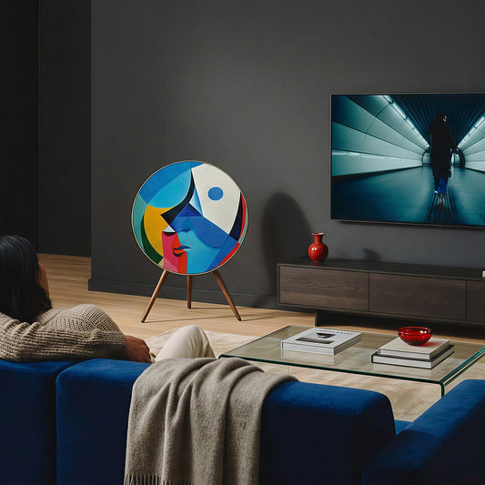 Bang & Olufsen BeoPlay A9 and BeoSound A9 speaker with Éclat — Cubist Portrait cover by Tegrino Studio in a carefully styled living area, featuring cubist abstract face in vivid blue, yellow and pink geometric planes beside a woman on navy velvet sofa with TV screen in dark cinematic interior
