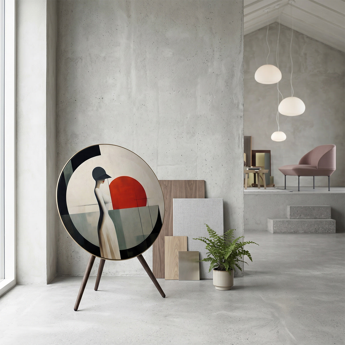Bang & Olufsen BeoPlay A9 and BeoSound A9 speaker with Soleil cover by Tegrino Studio in a refined interior composition, featuring solitary female figure before a bold red circle in ivory and charcoal geometric composition against raw concrete wall with fern plant and pink armchair