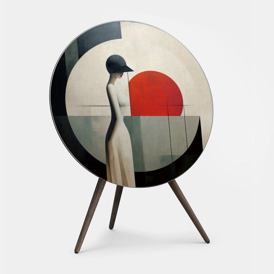Bang & Olufsen BeoPlay A9 and BeoSound A9 speaker cover replacement Soleil by Tegrino Studio featuring solitary female figure in wide-brim hat before a bold red circle in restrained ivory, charcoal and teal geometric composition, printed on acoustically transparent fabric
