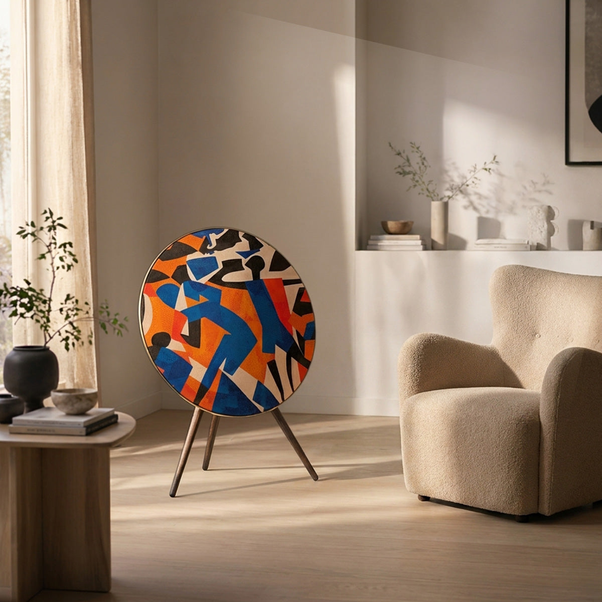 Bang & Olufsen BeoPlay A9 and BeoSound A9 speaker with Verve cover by Tegrino Studio in a carefully styled living area, featuring bold figurative silhouettes in vivid blue, orange and red beside a cream boucle armchair with natural light and botanical branches