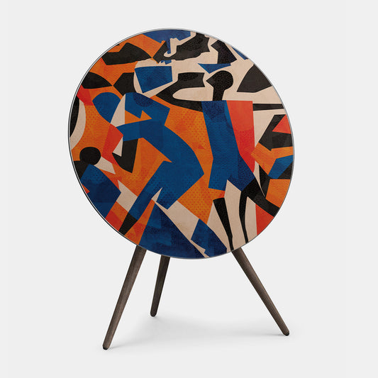 Bang & Olufsen BeoPlay A9 and BeoSound A9 speaker cover replacement Verve by Tegrino Studio featuring bold figurative silhouettes in vivid blue, orange and red dynamic composition, printed on acoustically transparent fabric
