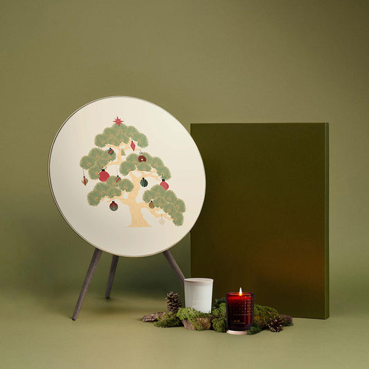 stylised pine tree design cover for Bang & Olufsen Beoplay A9 and Beosound A9 speakers with festive ornaments