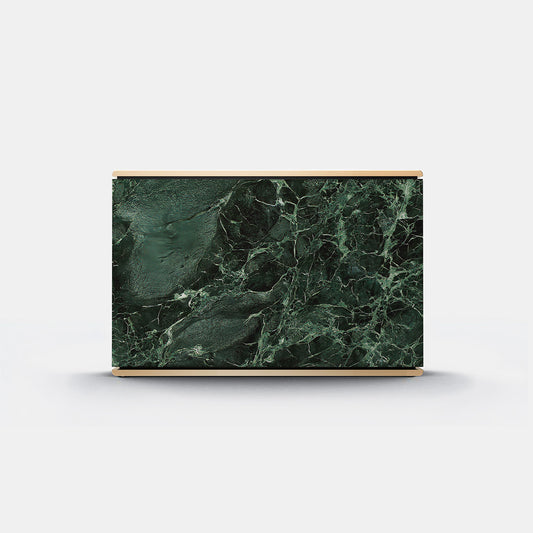 Bang & Olufsen BeoSound Level cover replacement featuring Verde St. Denis deep green marble pattern with white veining, brass trim edge, printed on acoustically transparent fabric, front view on white background