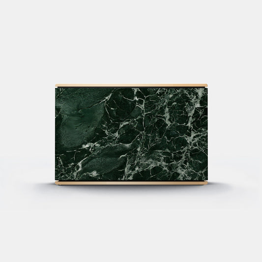 Bang & Olufsen BeoSound Level cover replacement featuring Verde St. Denis deep green marble pattern with white veining, brass trim edge, printed on acoustically transparent fabric, front view on white background