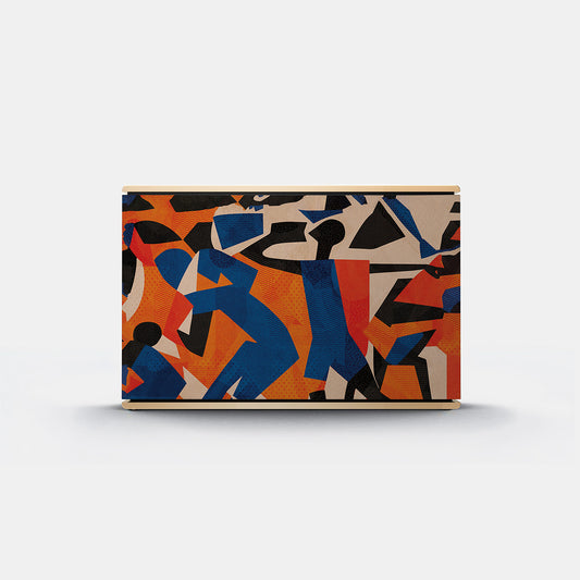 Bang & Olufsen BeoSound Level speaker cover replacement Verve by Tegrino Studio featuring bold figurative silhouettes in vivid blue, orange and red dynamic composition, printed on acoustically transparent fabric