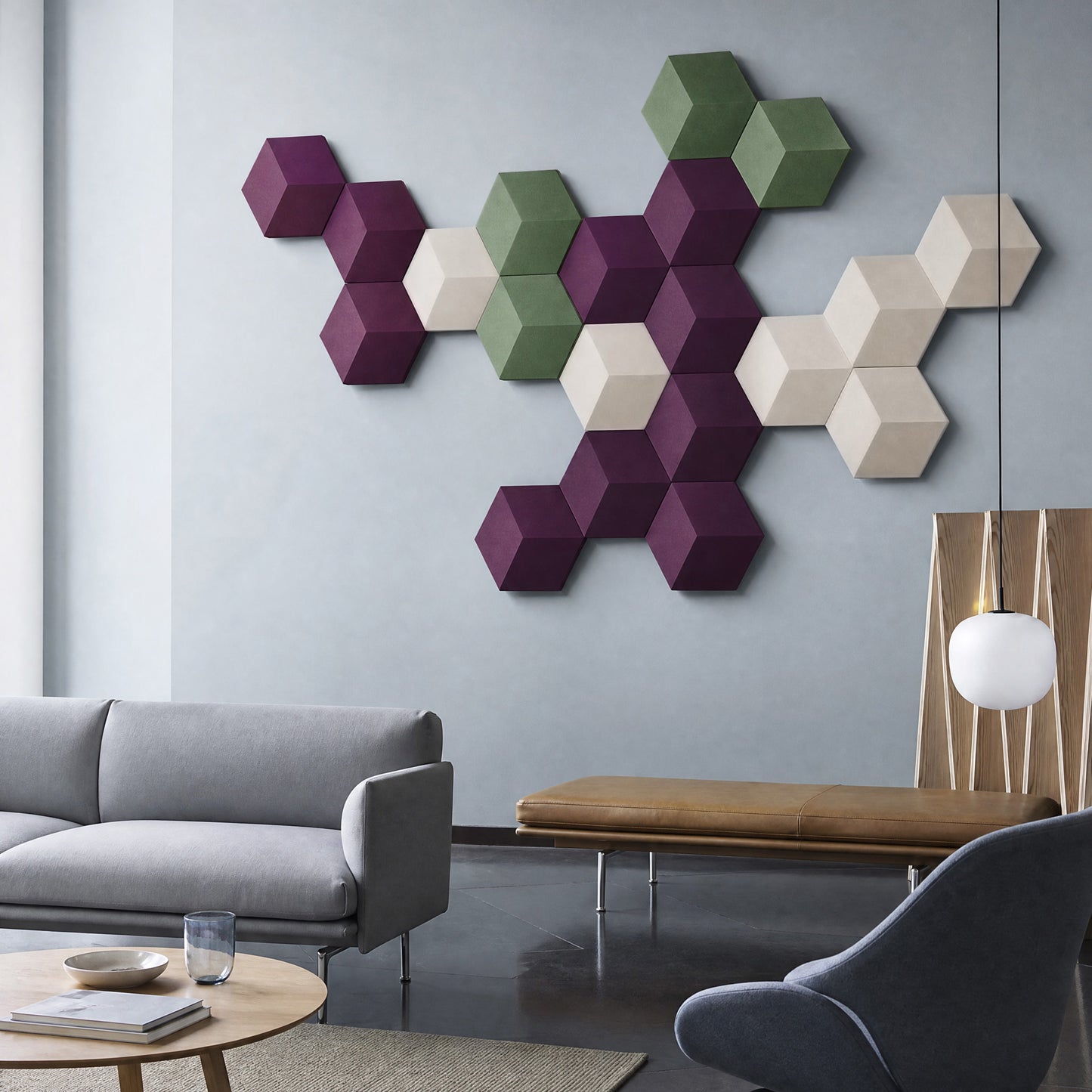 Bang & Olufsen Beosound Shape with Damson covers by Tegrino Studio, mixed with olive green and off-white tiles on a grey wall above a sofa
