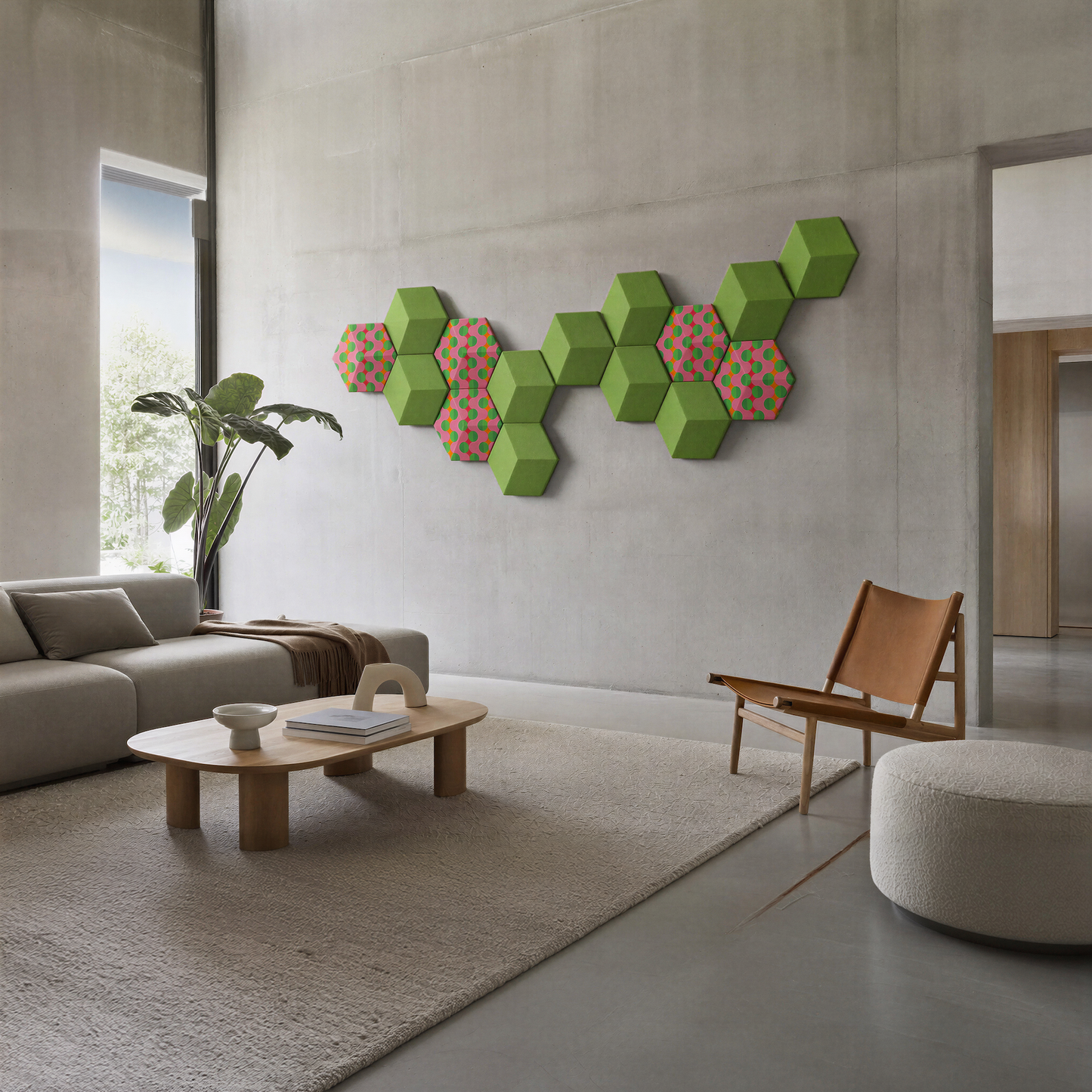 Bang & Olufsen Beosound Shape with Summer Beat covers by Tegrino Studio, a hexagon wall against raw concrete