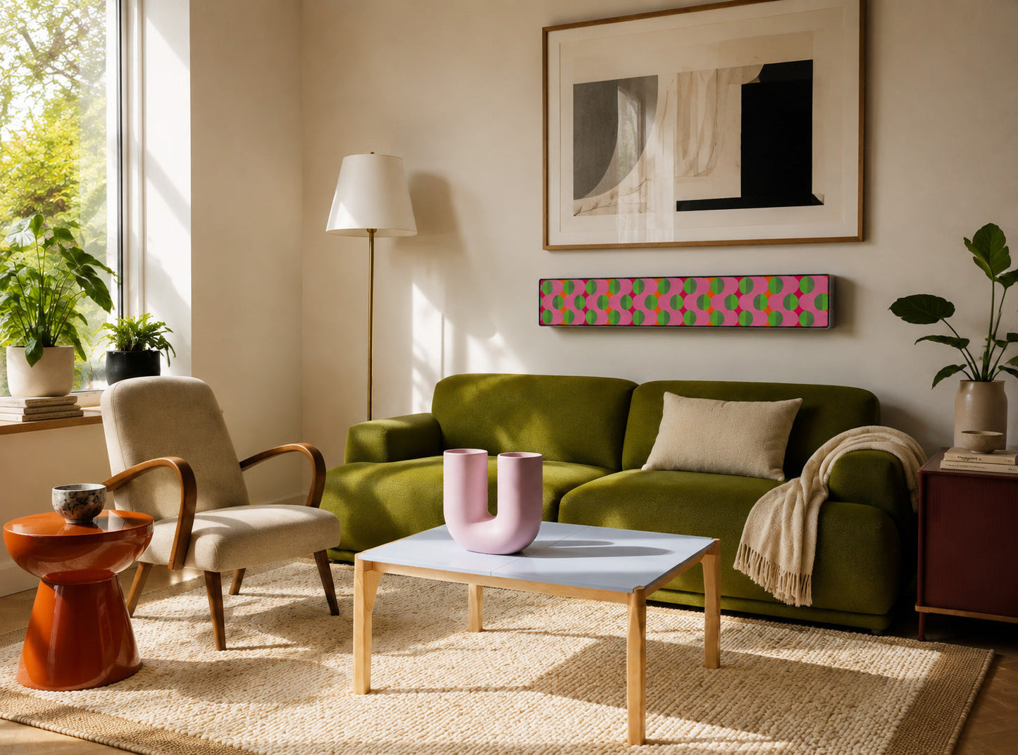 Bang & Olufsen Beosound Stage with the Summer Beat cover by Tegrino Studio above an olive velvet sofa
