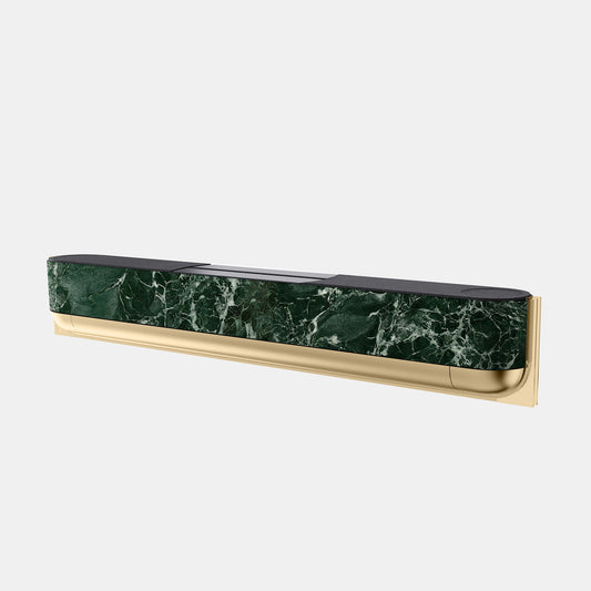 Bang & Olufsen BeoSound Theatre cover replacement featuring Verde St. Denis deep green marble pattern with white veining, gold chrome base, printed on acoustically transparent fabric, angled product view on white background
