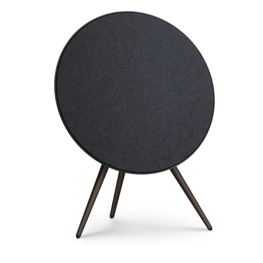 Bang & Olufsen Beoplay A9 and Beosound A9 Kvadrat Woolscape cover Dark Grey by Bang & Olufsen, charcoal double-knitted wool textile on an A9 in Black Anthracite, front hero shot on white background