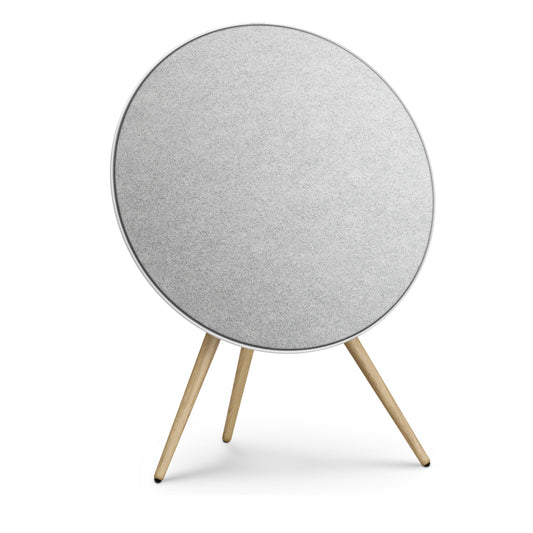 Bang & Olufsen Beoplay A9 and Beosound A9 Kvadrat Woolscape cover Light Grey by Bang & Olufsen, pale grey double-knitted wool textile on an A9 in Natural Aluminium, front hero shot on white background