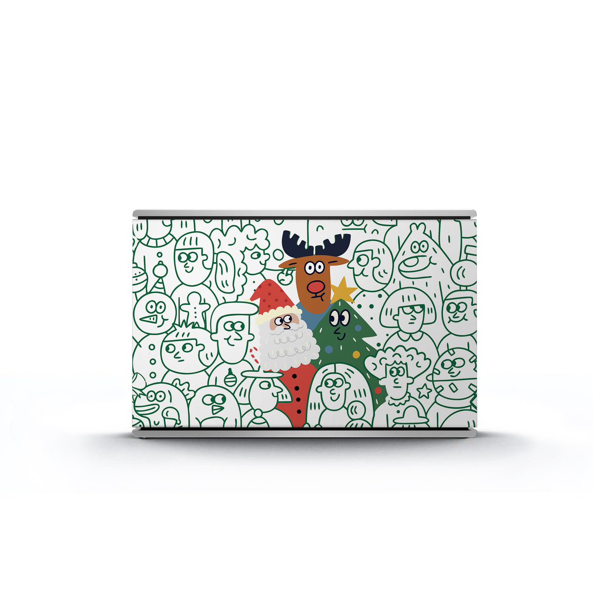 Bang & Olufsen Beosound Level speaker cover Spot the Santa by Tegrino Studio featuring a green line-drawn crowd with Santa, a reindeer and a Christmas tree in colour, printed on acoustically transparent fabric
