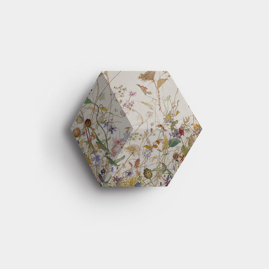 Bang & Olufsen Beosound Shape tile cover Herbarium by Tegrino Studio featuring wild flowers and grasses in watercolour on warm off-white, printed on acoustically transparent fabric