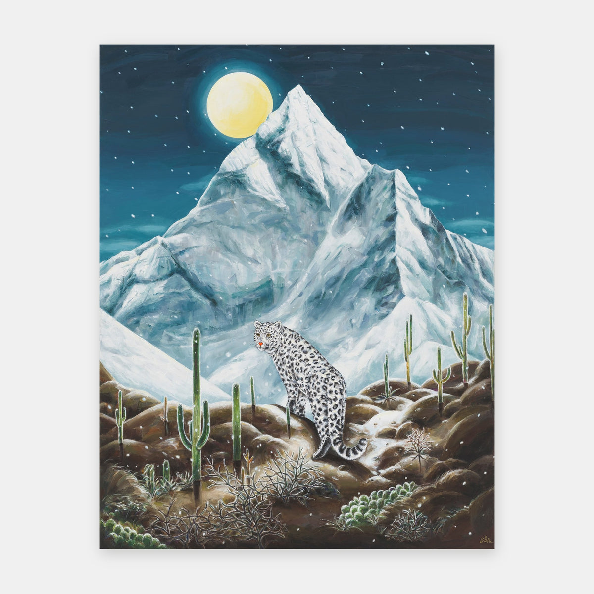Toward the Moonlight, the original oil painting by Aira Choi (2026): a snow leopard on a desert ridge among saguaro cacti, with K2 and a full moon behind it