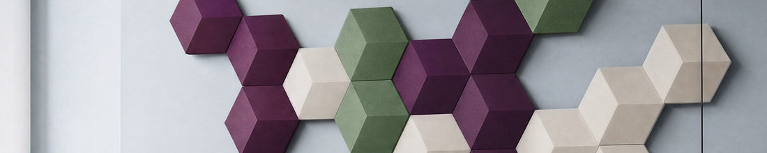 Damson by Tegrino Studio — plum, olive and off-white Beosound Shape tiles on a grey wall
