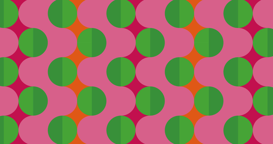 Summer Beat pattern by Tegrino Studio — green circles in ordered rows over waves of pink, with orange between