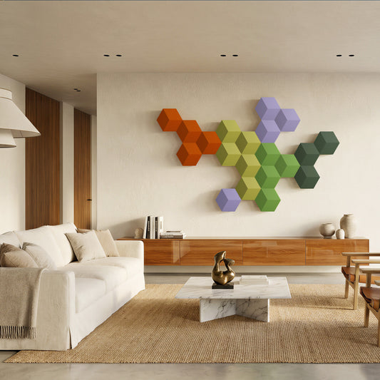 Bang & Olufsen BeoSound Shape speaker with BeoSound Shape Cover -Soft Lime cover by Tegrino Studio in a contemporary living space, presenting yellow-green, fresh and alert