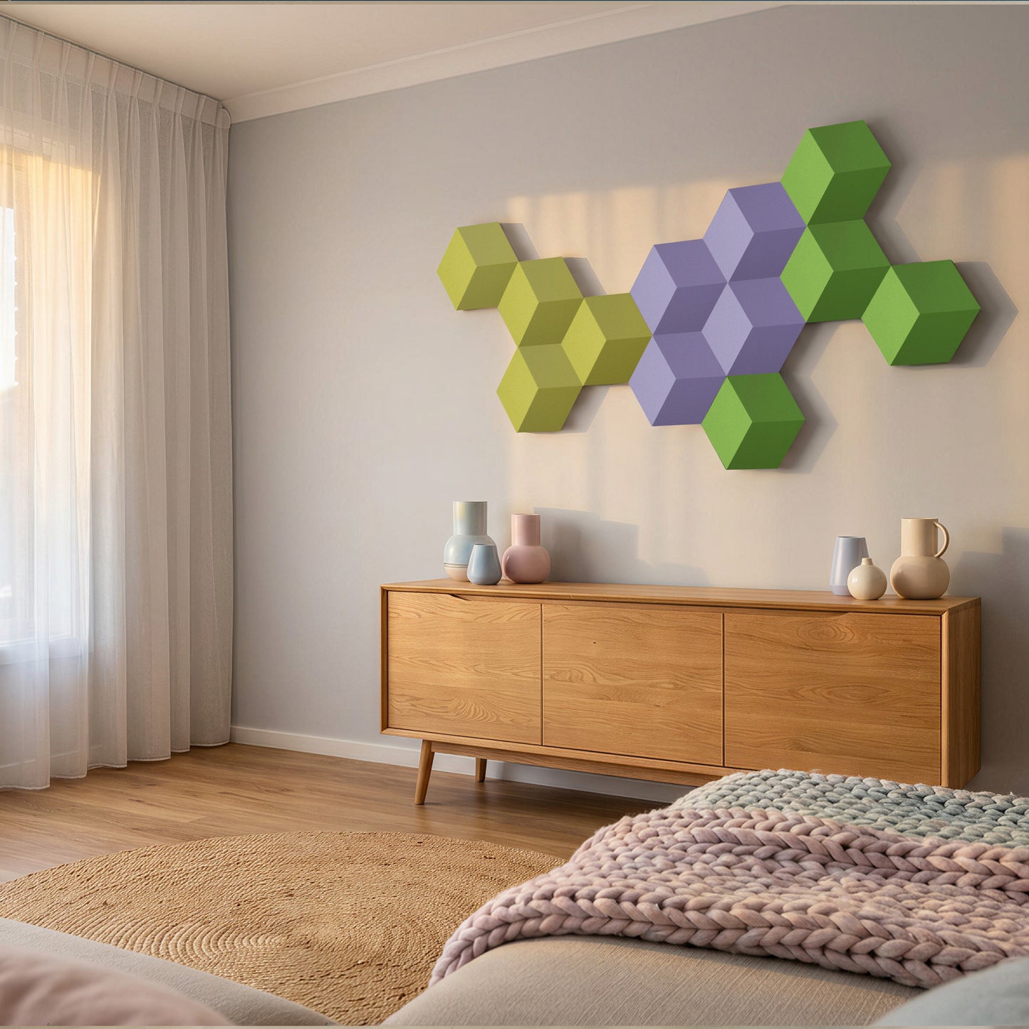 Bang & Olufsen BeoSound Shape speaker with BeoSound Shape Cover -Soft Lime cover by Tegrino Studio in a softly styled interior, showcasing yellow-green, fresh and alert