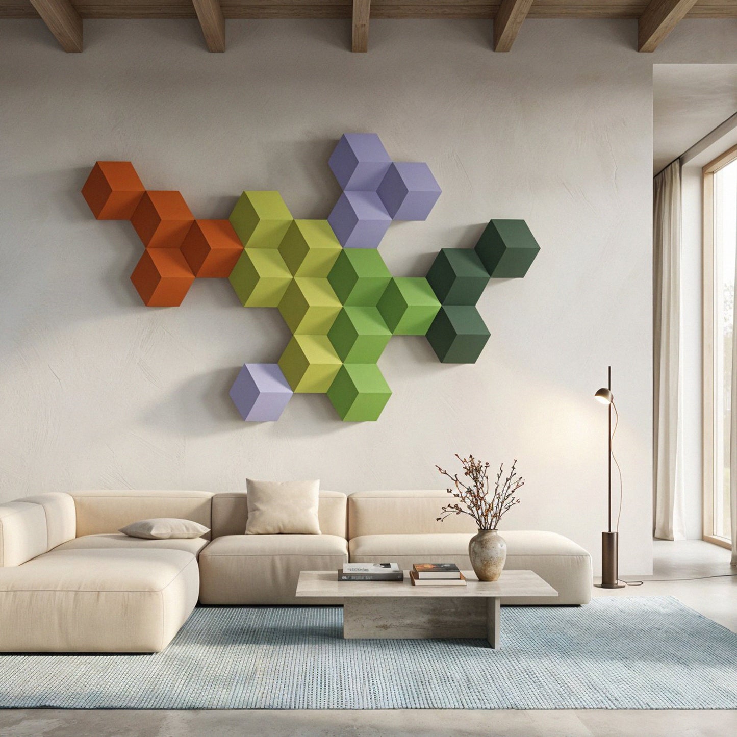 Bang & Olufsen BeoSound Shape speaker with BeoSound Shape Cover -Soft Lime cover by Tegrino Studio in a minimalist home environment, highlighting yellow-green, fresh and alert