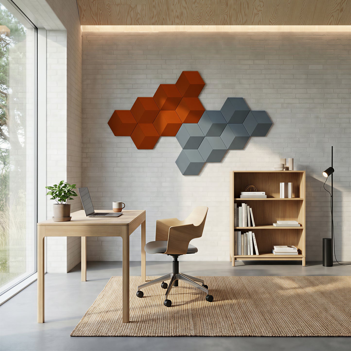 Bang & Olufsen BeoSound Shape speaker with Burnt Clay cover by Tegrino Studio in a contemporary living space, presenting warm terracotta, earthy and grounded