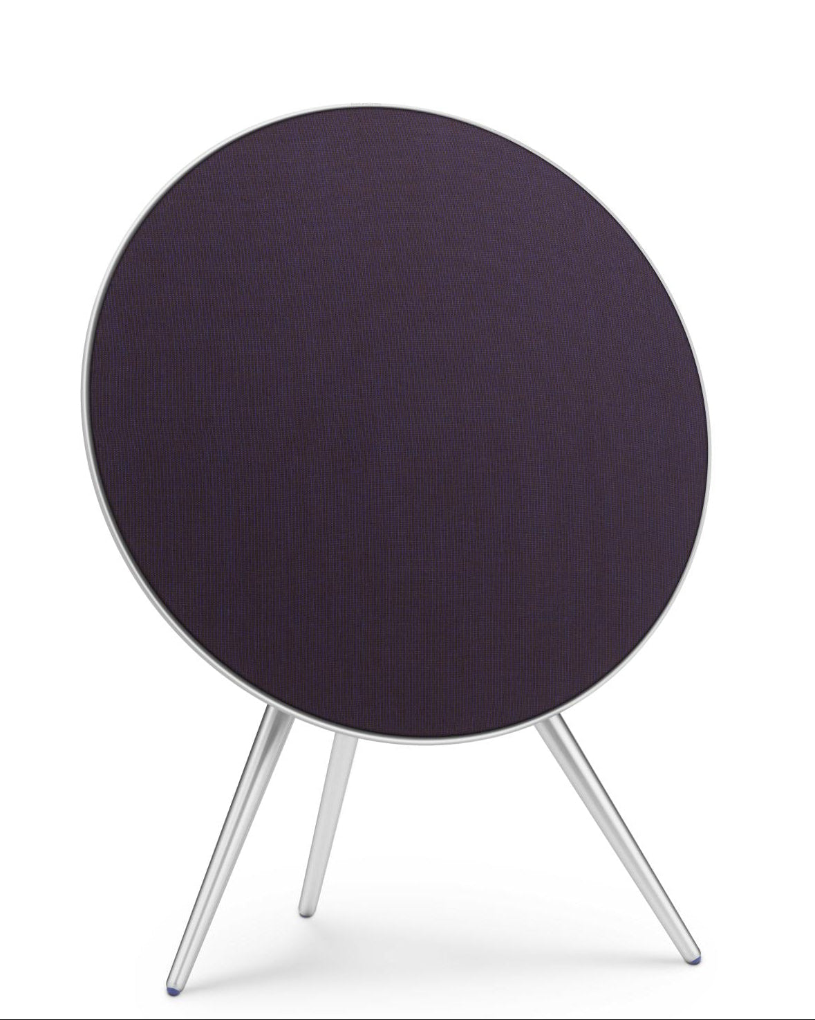 Bang & Olufsen BeoPlay A9 BeoSound A9 5th Generation Centennial Collection with deep purple Kvadrat cover on silver aluminium legs, front view on white background