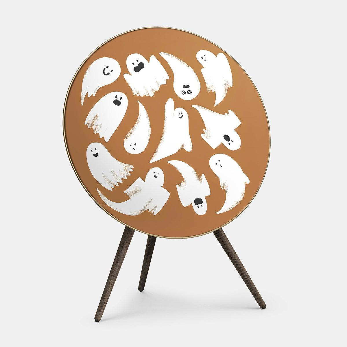 Bang & Olufsen Beoplay A9 speaker cover Ghost Party by Tegrino Studio, hand-drawn white ghosts with different expressions on terracotta orange, printed on acoustically transparent fabric