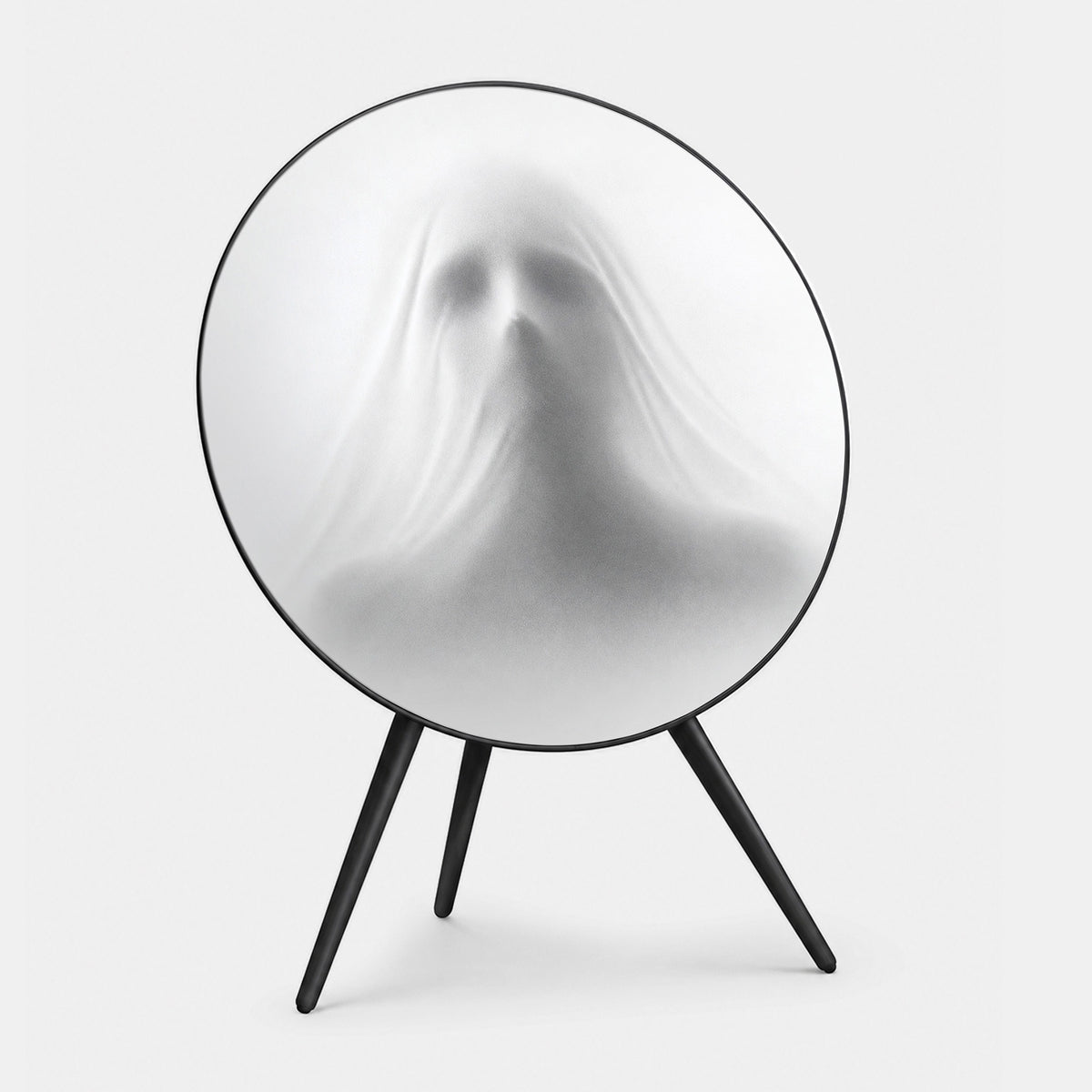 Bang & Olufsen Beoplay A9 speaker cover Phantom by Tegrino Studio, the outline of a ghost pressed through white fabric, printed on acoustically transparent fabric