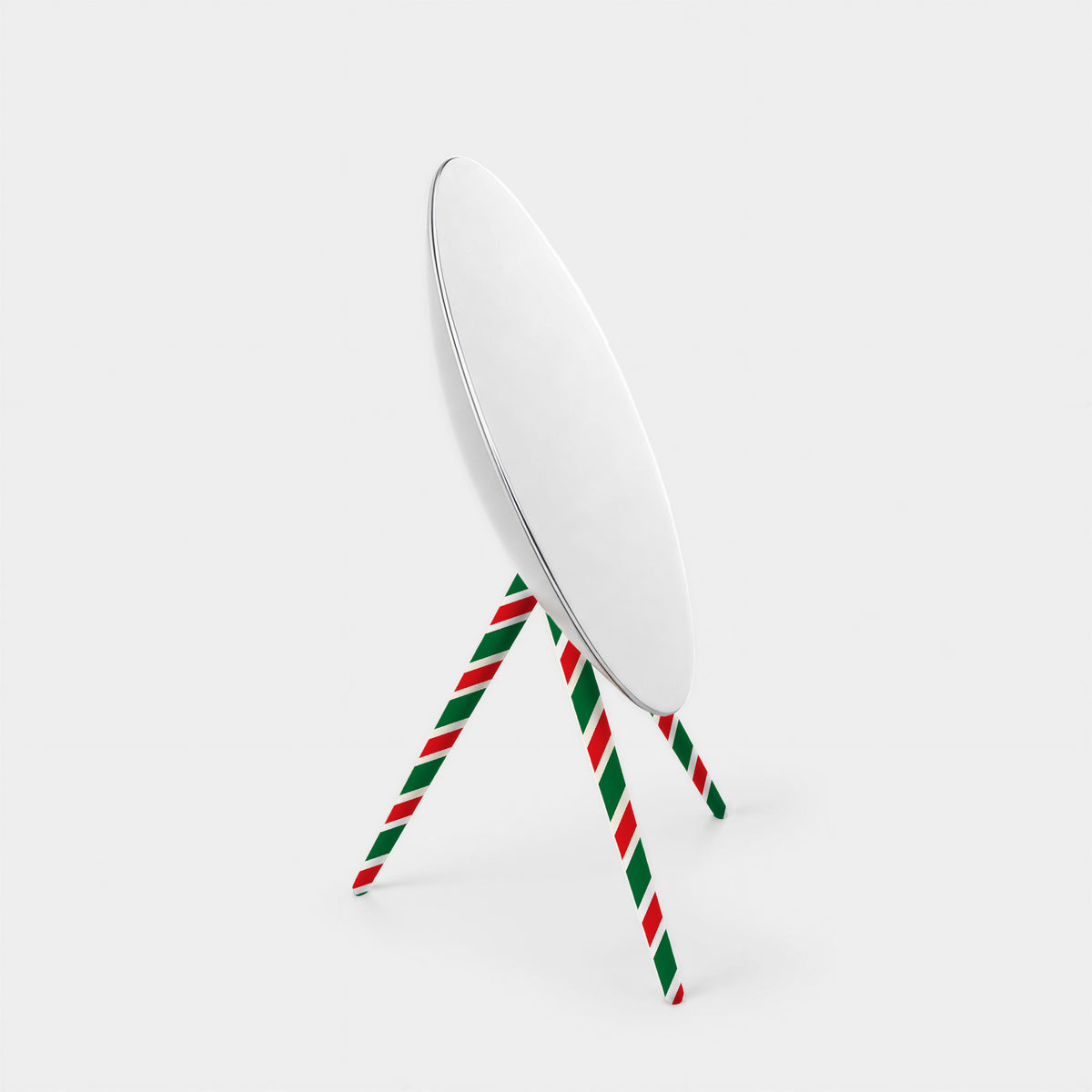 Bang & Olufsen Beoplay A9 and Beosound A9 legs cover Santa Slopes by Tegrino Studio featuring red, green and white diagonal stripes, a set of 3 fabric sleeves for the speaker legs
