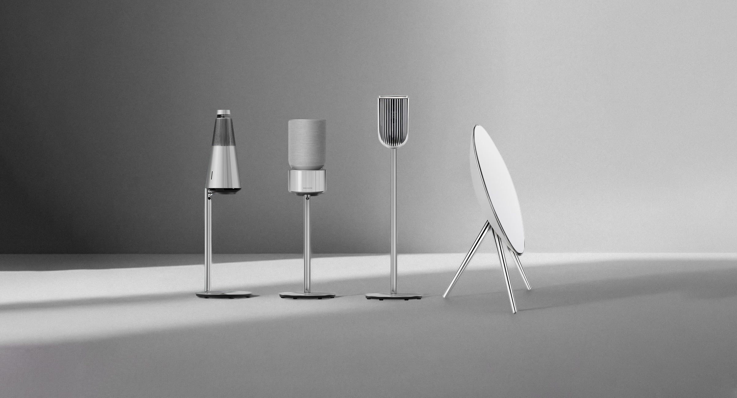 Bang & Olufsen speaker stand collection by Tegrino Studio featuring BeoSound Balance, BeoSound 2, BeoLab 8 and BeoPlay A9 in monochrome studio shot