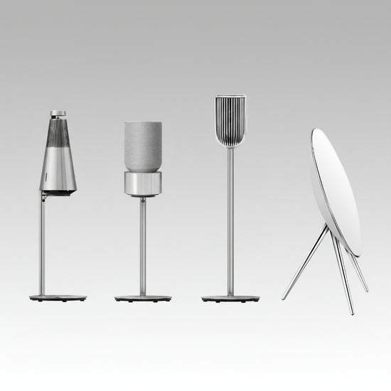 Bang & Olufsen speaker stand collection by Tegrino Studio featuring BeoSound Balance, BeoSound 2, BeoLab 8 and BeoPlay A9 in monochrome studio shot