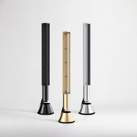 Bang & Olufsen BeoLab 28 Aluminium Cover collection by Tegrino Studio featuring Black, Gold Tone and Silver satin-anodised precision-machined lamellas in clean studio shot