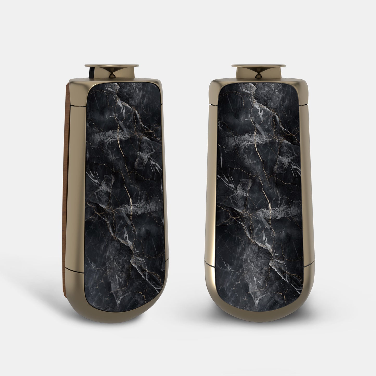 Bang & Olufsen BeoLab 50 cover replacement pair featuring Noir Marquina black marble pattern with gold veining, brass gold housing, printed on acoustically transparent fabric, front view on white background