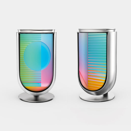 Bang & Olufsen BeoLab 8 speaker covers replacement Prism by Tegrino Studio featuring full-spectrum gradient with horizontal scan lines and holographic sphere shifting from lime green through teal, sky blue, pink and amber on stereo pair with silver aluminium frame, printed on acoustically transparent fabric