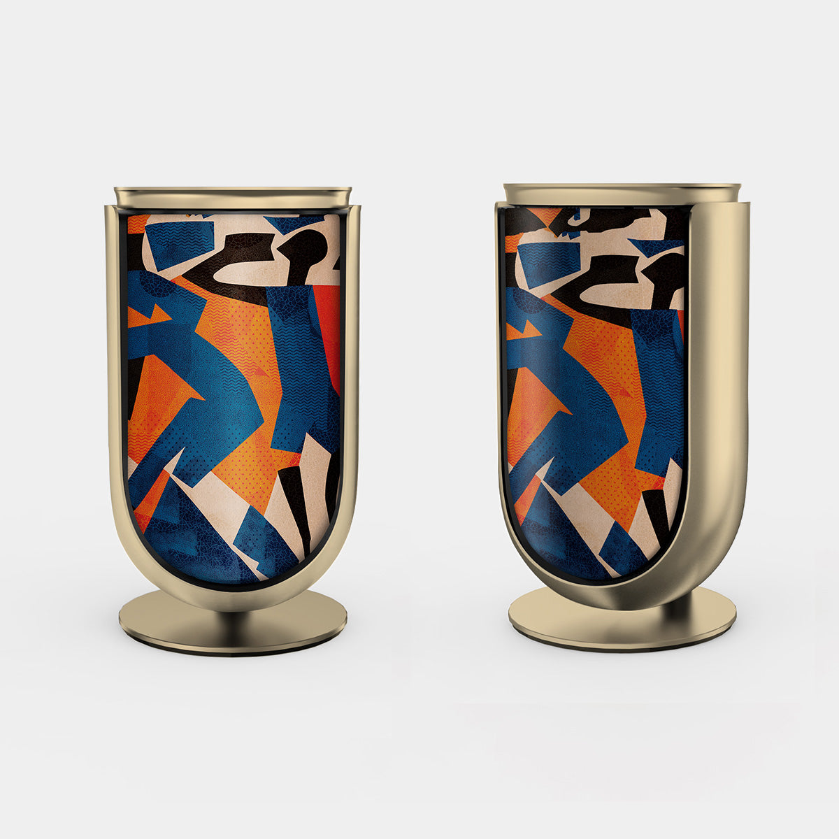 Bang & Olufsen BeoLab 8 speaker covers replacement Verve by Tegrino Studio featuring bold figurative silhouettes in vivid blue, orange and red dynamic composition on stereo pair with gold tone aluminium frame, printed on acoustically transparent fabric