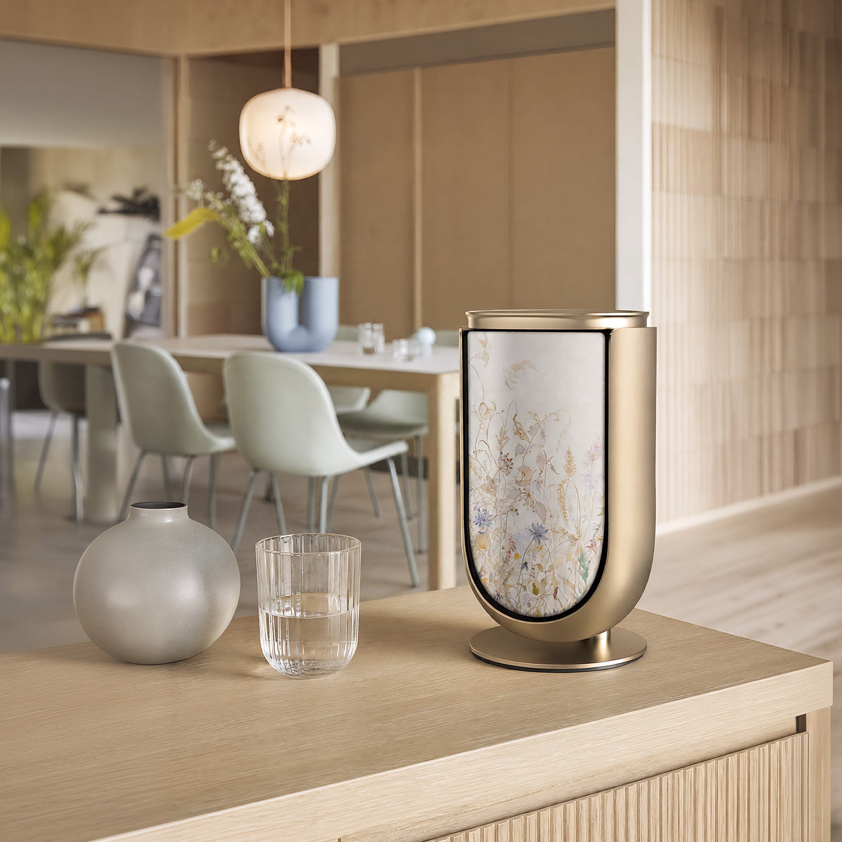 Bang & Olufsen BeoLab 8 with the Herbarium cover by Tegrino Studio on an oak sideboard in a dining room
