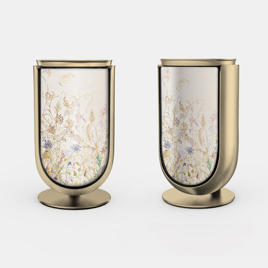 Bang & Olufsen BeoLab 8 speaker covers Herbarium by Tegrino Studio featuring wild flowers and grasses in watercolour on warm off-white, printed on acoustically transparent fabric