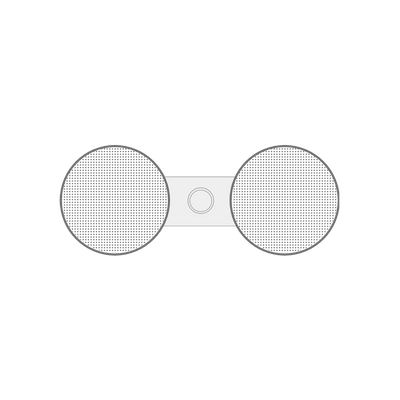 Bang & Olufsen BeoPlay A8 BeoSound A8 speaker outline illustration showing stereo pair with two circular speakers connected by aluminium bridge