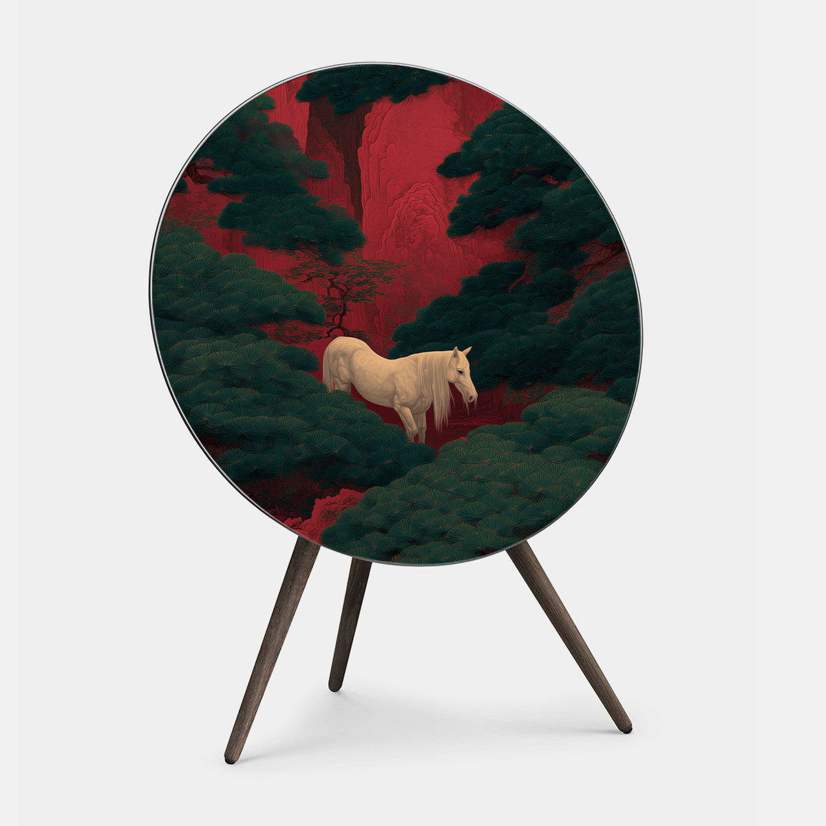 BeoPlay A9 and BeoSound A9 speaker cover Ivory Pine by Tegrino Studio featuring delicate pine branches in an ink-inspired botanical composition