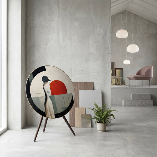 Bang & Olufsen BeoPlay A9 and BeoSound A9 speaker with Soleil cover by Tegrino Studio in a refined interior composition, featuring solitary female figure before a bold red circle in ivory and charcoal geometric composition against raw concrete wall with fern plant and pink armchair