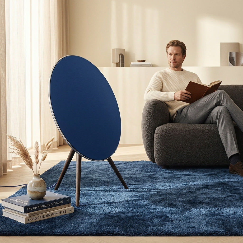 Bang & Olufsen BeoPlay A9 and BeoSound A9 speaker cover replacement Solid Colors by Tegrino Studio in a carefully styled living area, featuring deep navy solid surface on a deep blue rug with a man reading beside pampas grass and design books