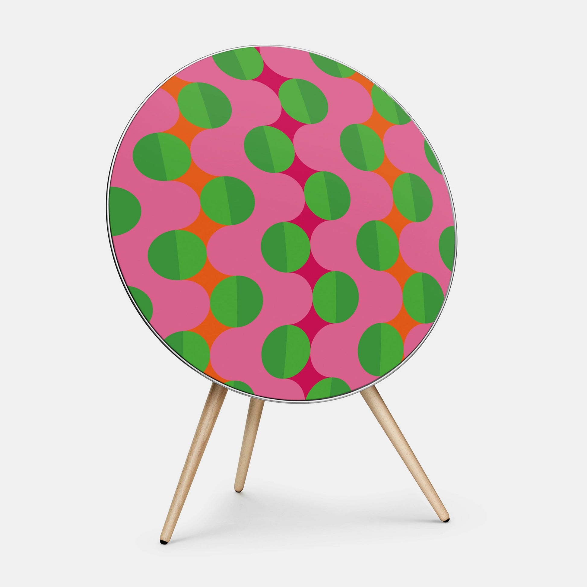 Bang & Olufsen BeoPlay A9 speaker cover Summer Beat by Tegrino Studio featuring green circles in ordered rows over waves of pink, printed on acoustically transparent fabric